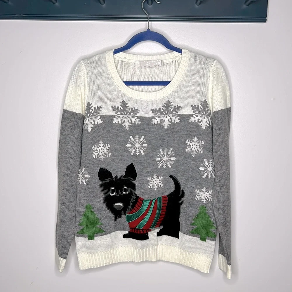 Carolyn Taylor Holiday Sweater with Terrier Snowflakes Gray Cream Size M - Picture 1 of 8